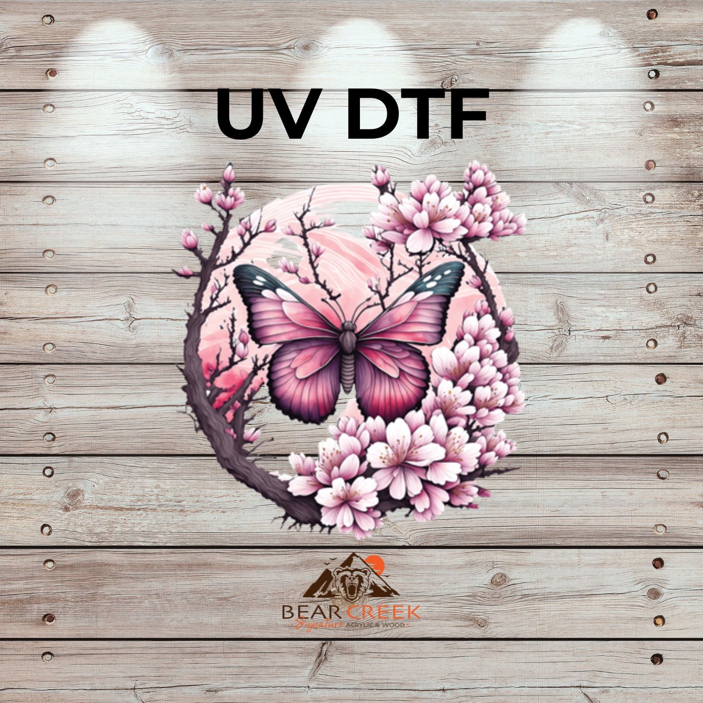 Butterfly and Pink Flowers - 7-inch permanent sticker #219 (NEW)
