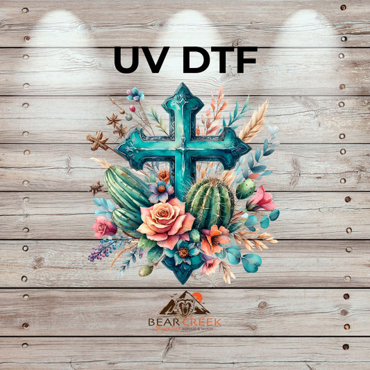 Cactus, Flowers & Cross - 7-inch permanent sticker #227 (NEW)