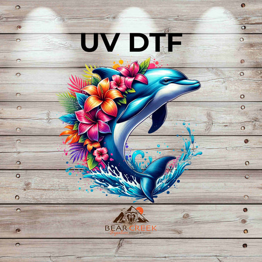 Dolphin Flowers 3 4.5-inch permanent sticker #BCS8 (NEW)