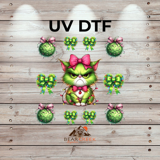 Green Christmas Cat - 4.5-inch permanent sticker #277