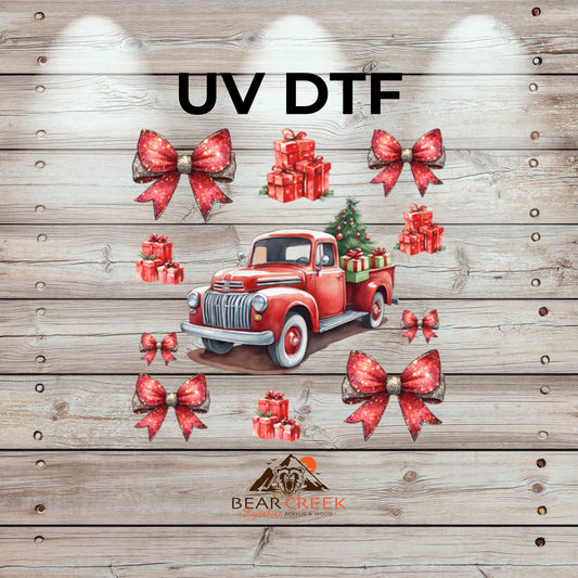 Red Truck and Bows - 4.5-inch permanent sticker #291